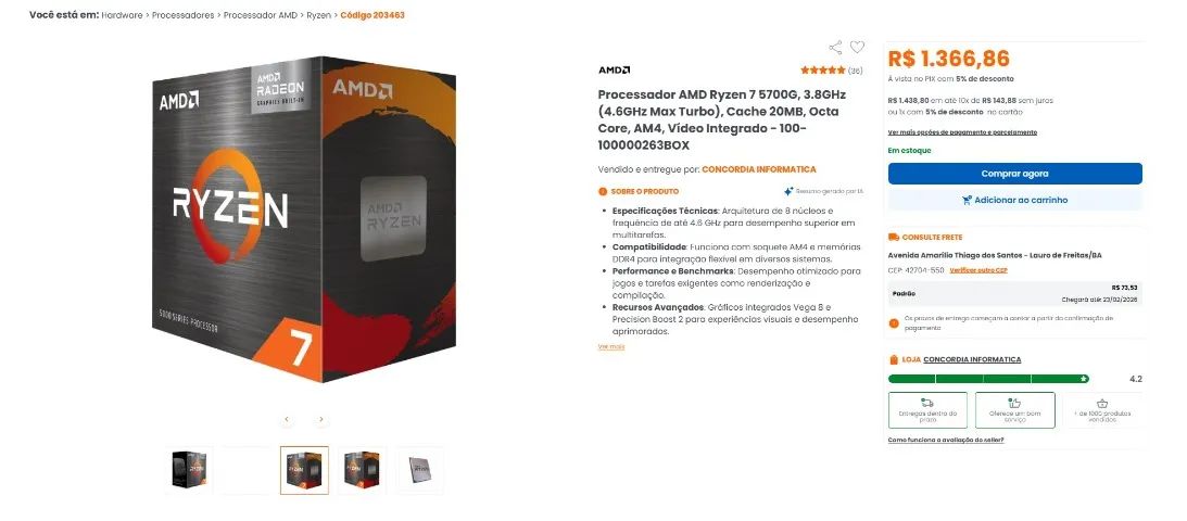 PROCESSADOR RYZEN 5700G 8 NÚCLEOS E 16 THREADS - LACRADA NUNCA USADO COM COOLER ORIGINAL! - Foto 4