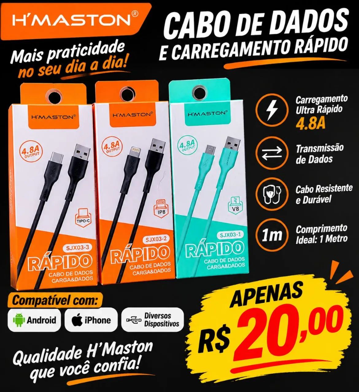  Cabo Celular USB H?MASTON - Carregamento e Dados