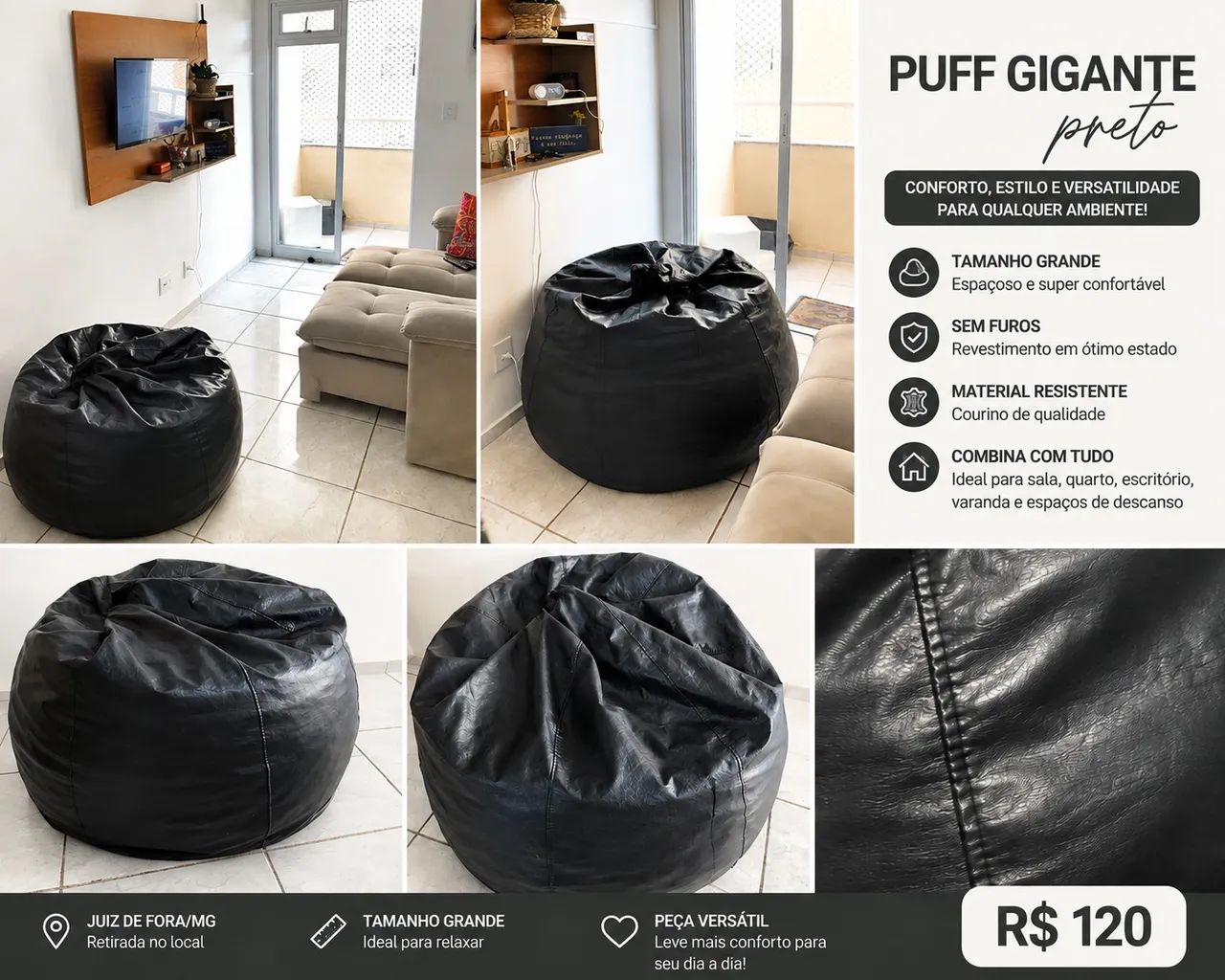 Puff gigante preto em courino 