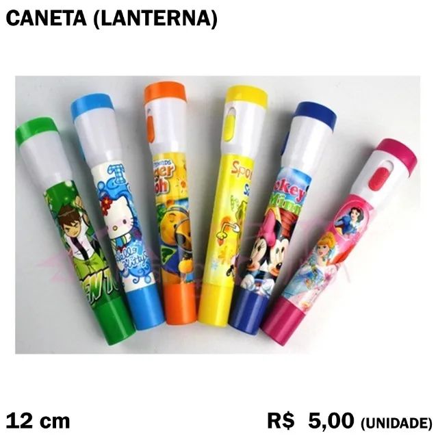Caneta Lanterna Ben 10, Hello Kitty, Ursinho Pooh, Bob Esponja, Mickey, Princesas