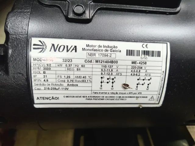 Motor Elétrico Nova Motores 1/2 CV 2 Polos Alta Rotação Monofásico Seminovo - Foto 3