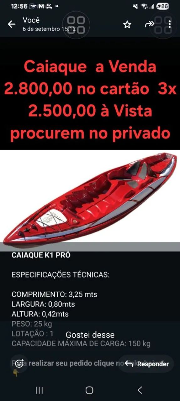 Caiaque K1 Vermelho, 01 lugar novo na embalagem!