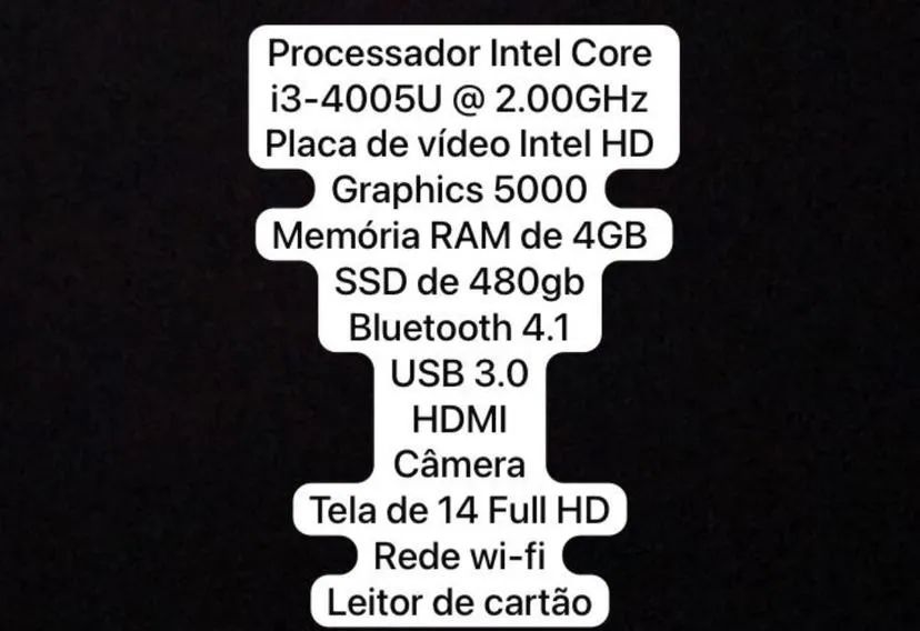 Notebook Intel Core i3-4005U 4GB RAM 480GB SSD
