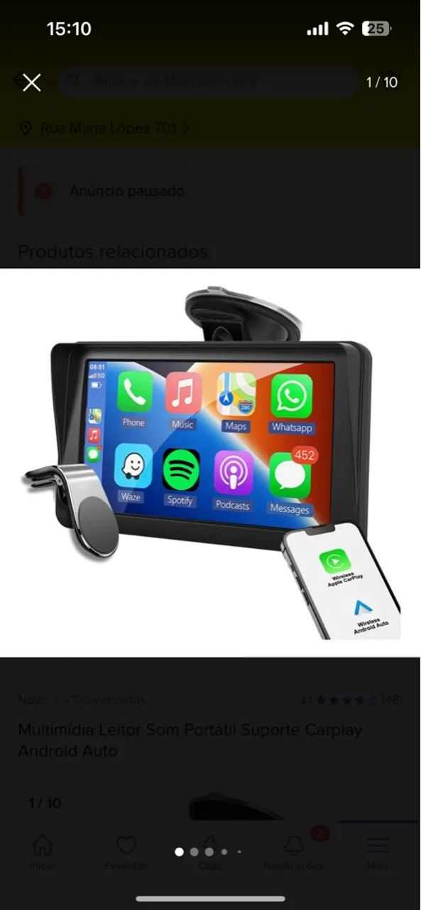 Multimídia Leitor Som Portátil Suporte Carplay Android Auto