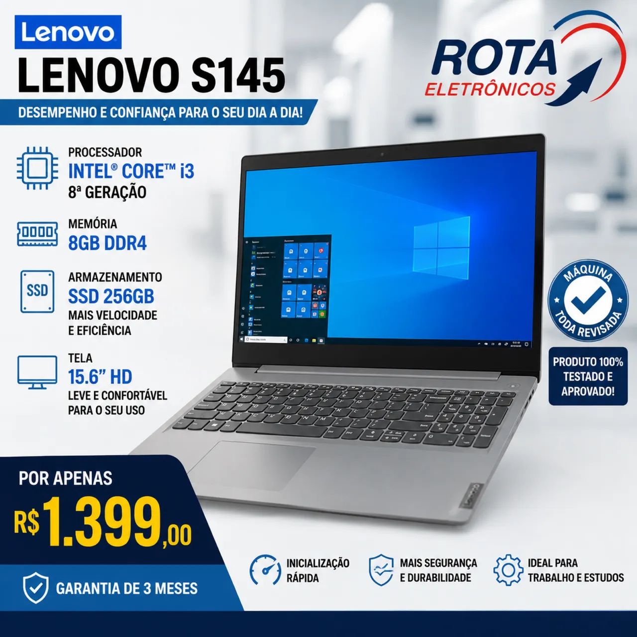 Notebook Lenovo i3 8Gb SSD 256 garantia 120 dias perfeito pra
