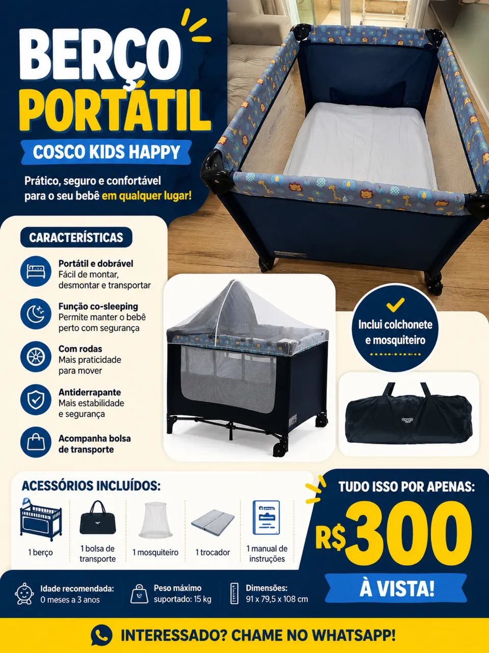 Berço Cosco Kids, Happy, 0 a 15kg, Azul