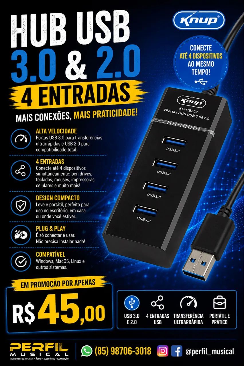 Hub USB 3.0 e 2.0 4 entradas