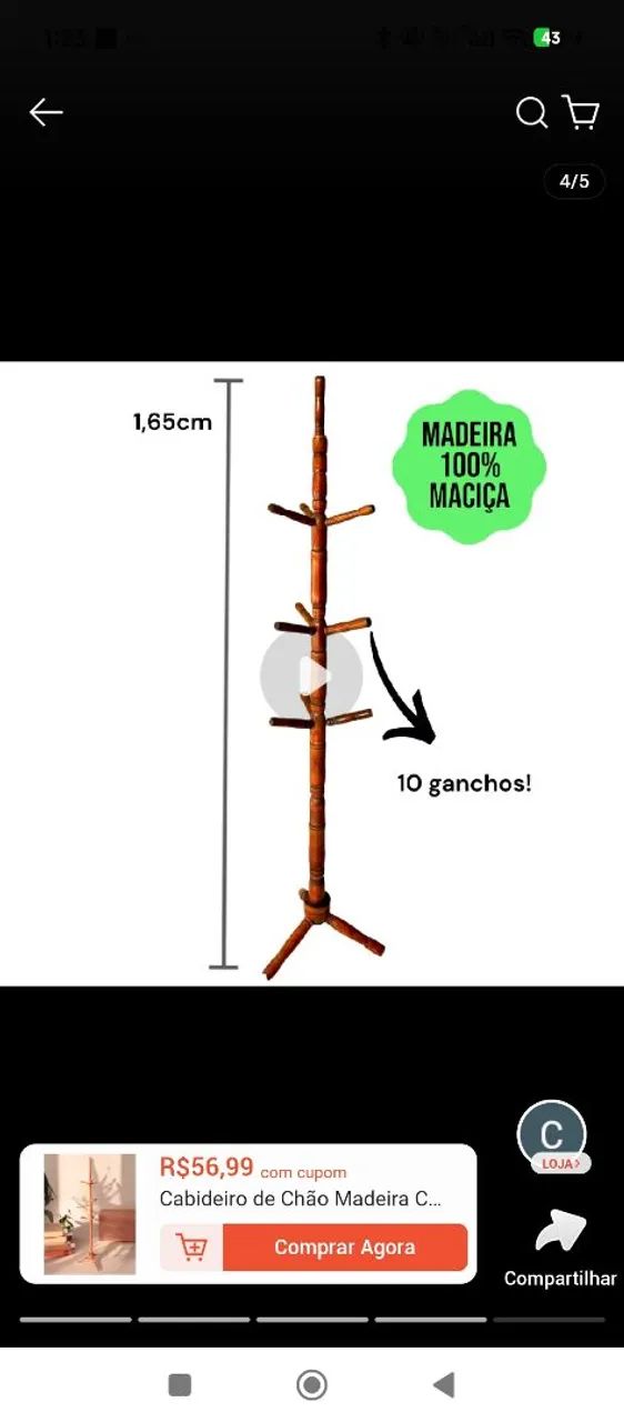 Cabideiro de madeira a. Prova dagua 