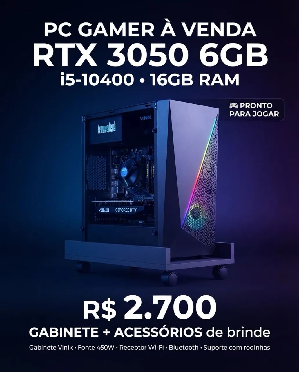 ゲーミングPC i5-10400 rtx3050nvme PC Gamer i5-10400 ? RTX 3050 6GB ? 16GB RAM ? Gabinete com