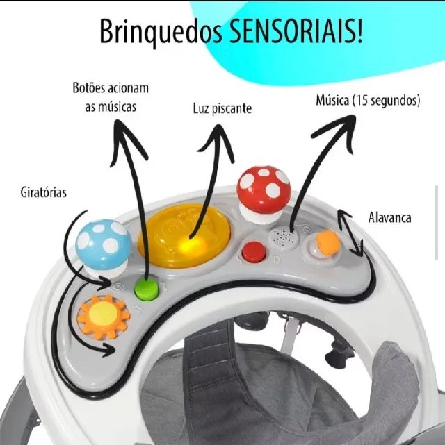 Andador infantil com capota e base para os pés, com trava e roldanas e brinquedos com sons - Foto 4