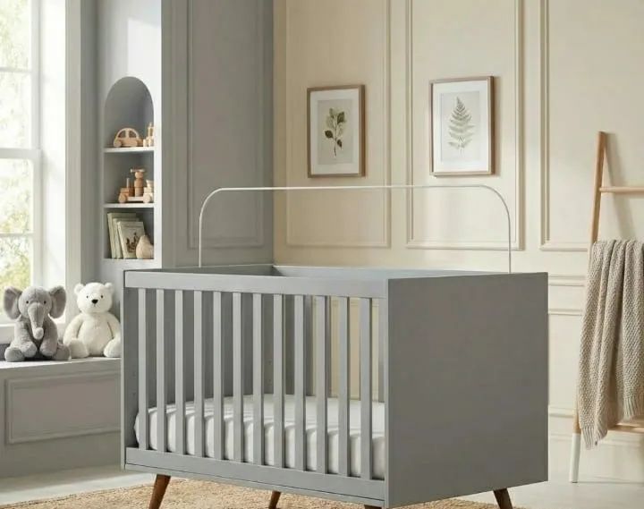 Berço/cama infantil cinza com colchão e travesseiro antirefluxo
