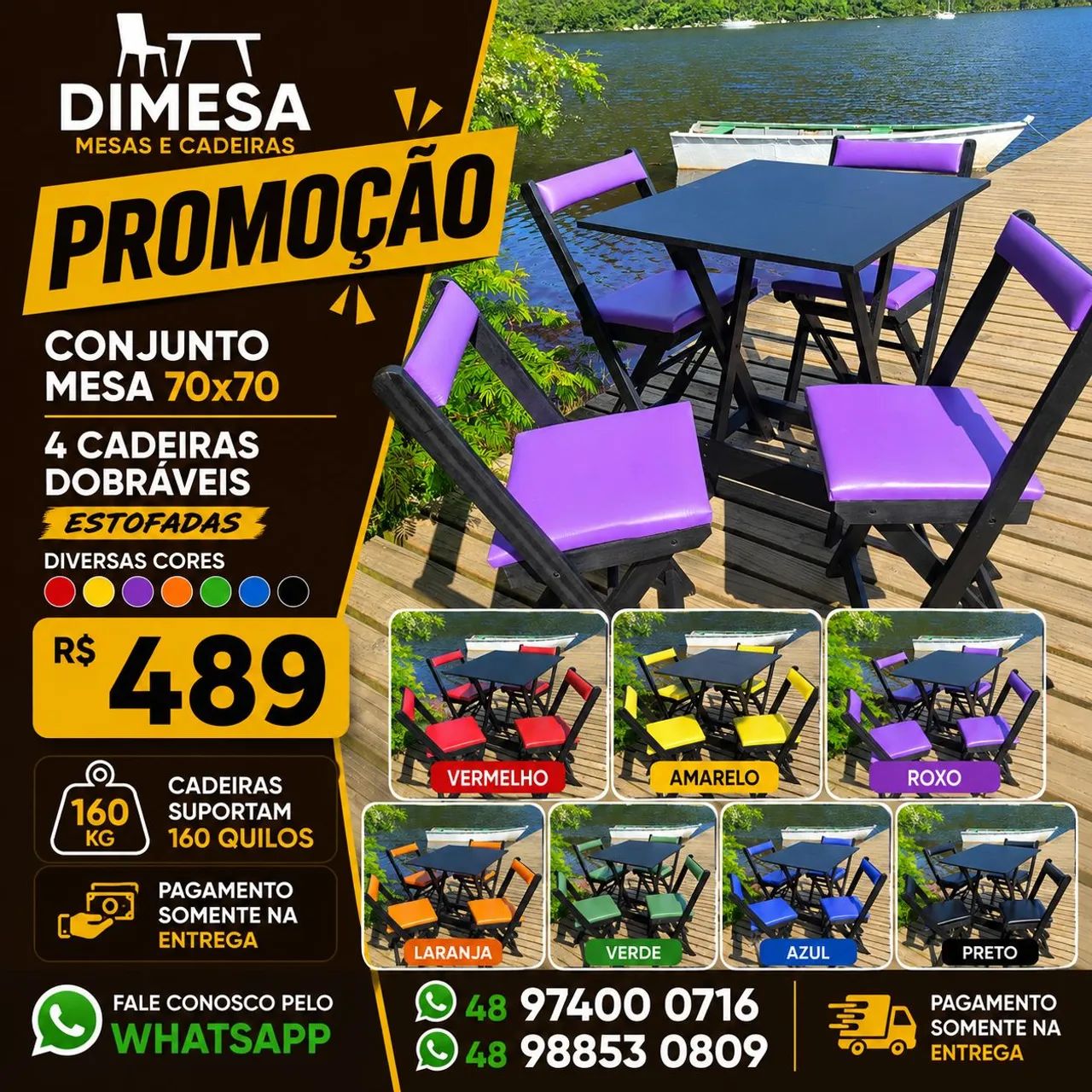 Kit 70x70 4 cadeiras dobráveis estofadas diversas cores