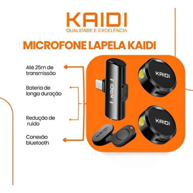 Microfone de Lapela Sem Fio Duplo Kaidi Tipo-C com Redução de Ruído - Foto 3