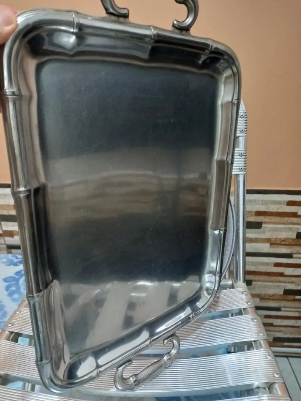 Bandeja Inox Maciço C/ Alças em Prata - Muito Antiga