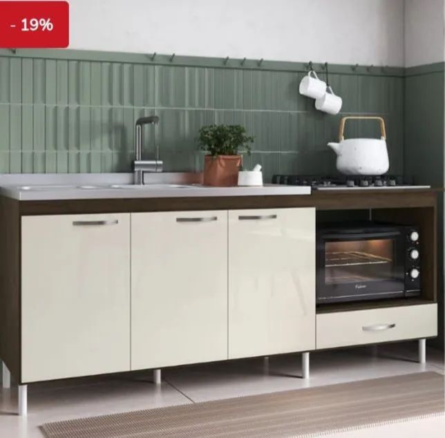 Balcão de Cozinha Branco/Marrom com 3 Portas e Gaveta + Pia granito preto 