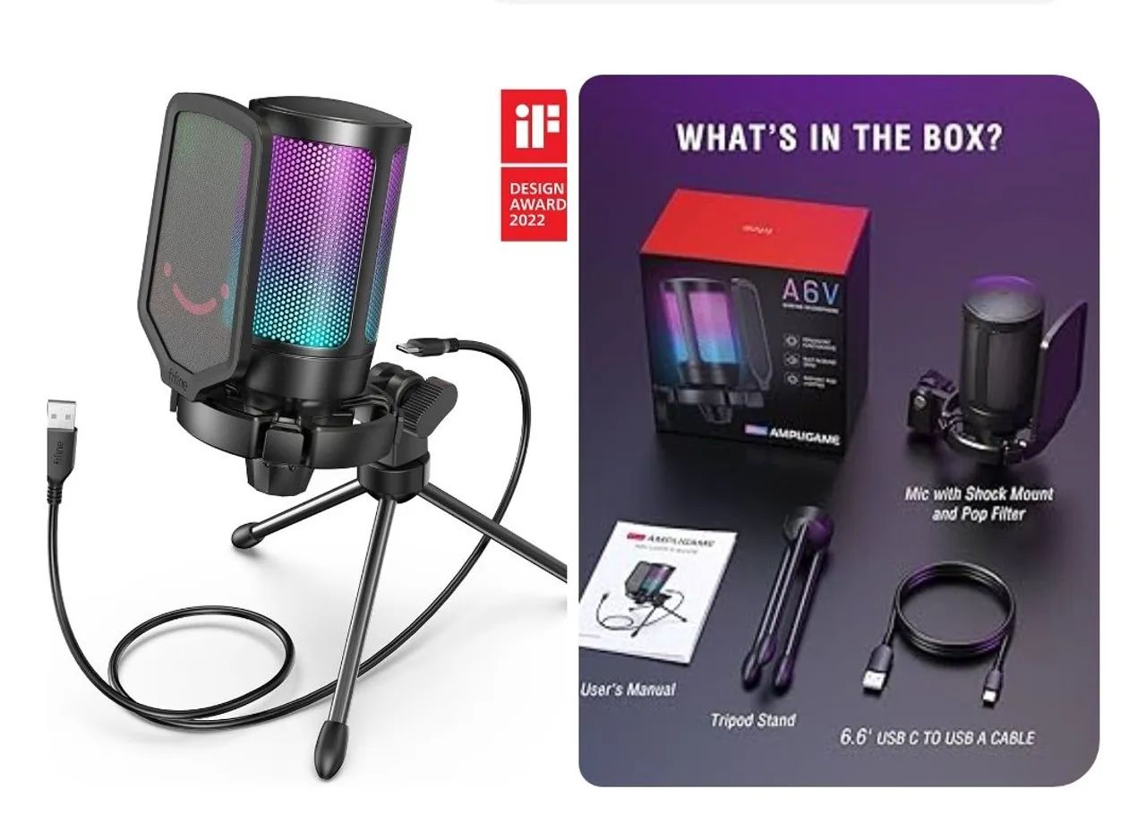 Microfone Fifine A6V USB RGB Condensador Cardioide com Tripé e Controle de Ganho