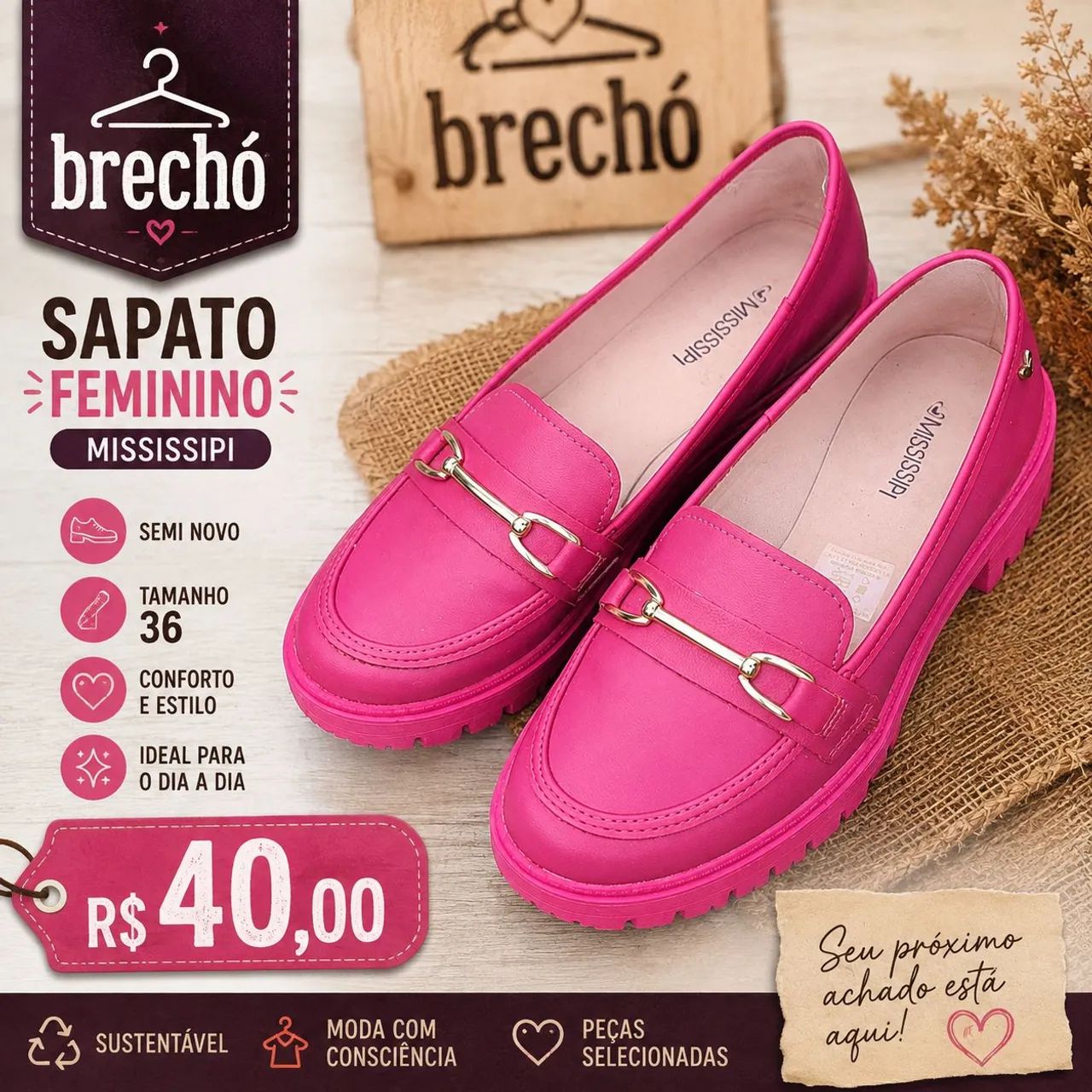 Mocassin Rosa Tamanho 36