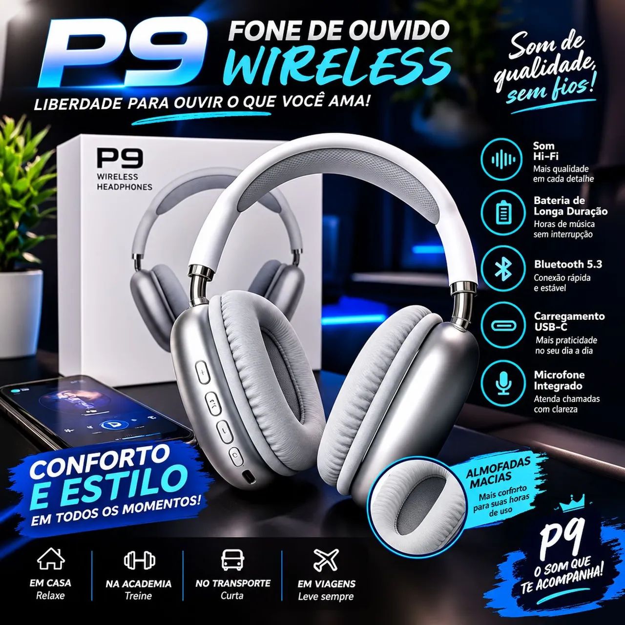 Fone de ouvido p9 Bluetooth 