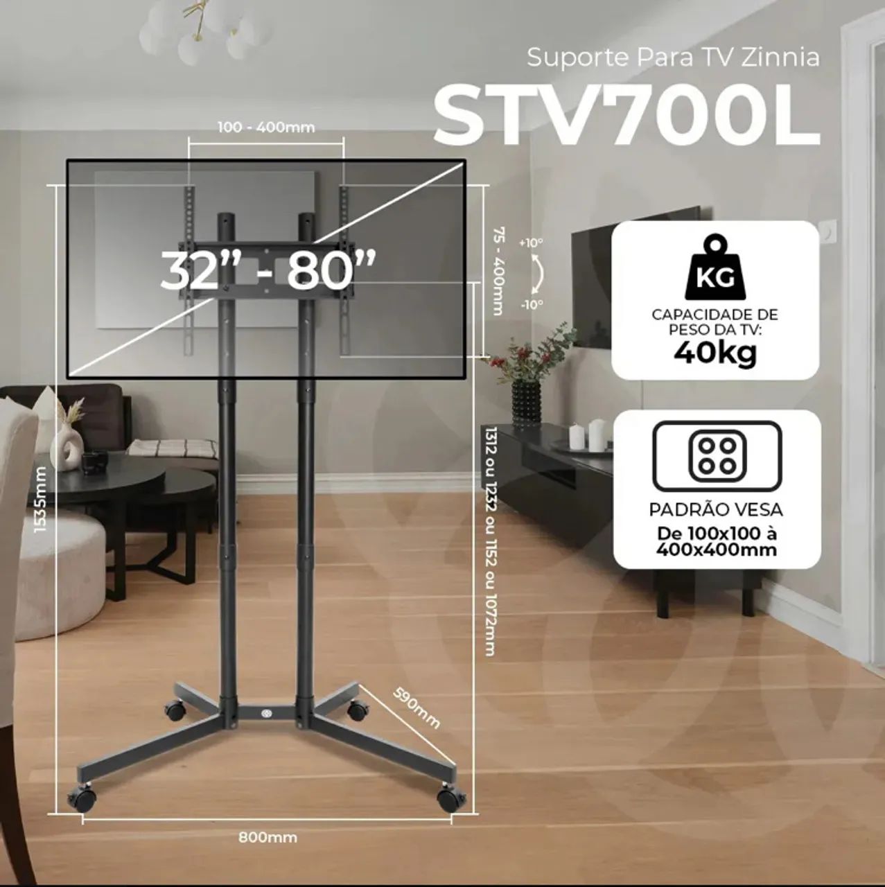 Suporte pedestal para TV 32 a 80 polegadas com rodinhas ajustável Zinnia STV700L - Foto 3