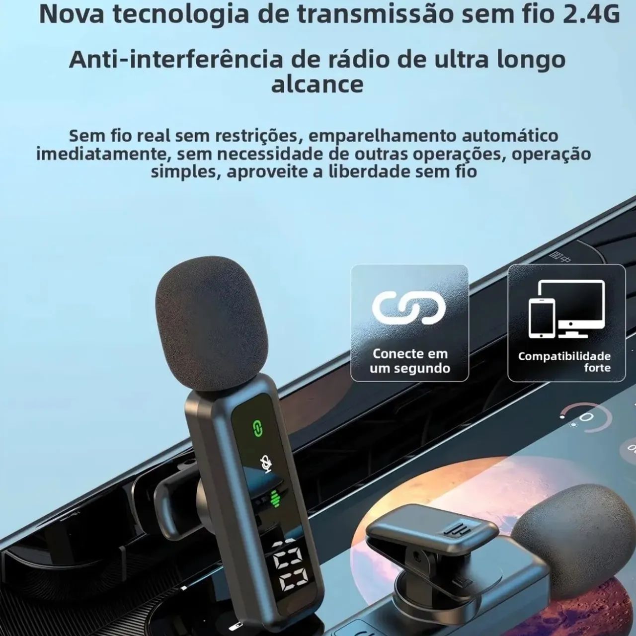 Microfone de lapela duplo sem fio 3 em 1 - Foto 2
