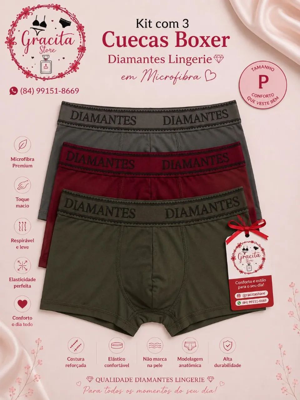 Kit com 3 Cuecas Boxer Diamantes Lingerie  - Foto 2