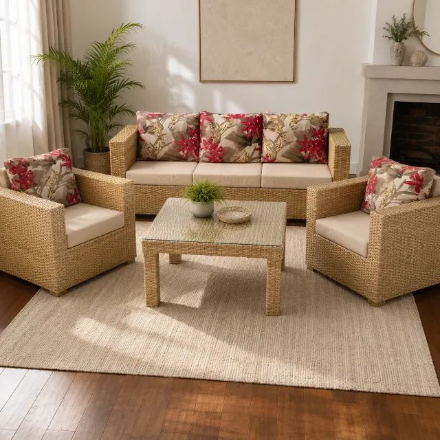 Conjunto de sofá em vimerattan com 2 poltronas e mesa de centro