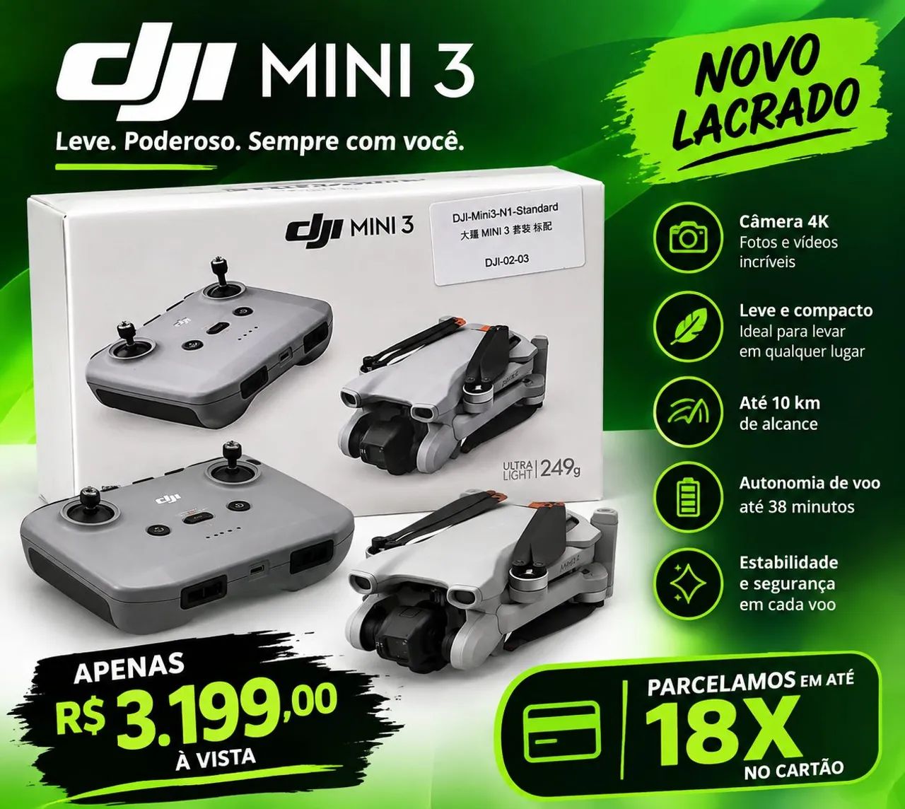 Drone DJI Mini 3 Standart (Novo) Em até 18X 
