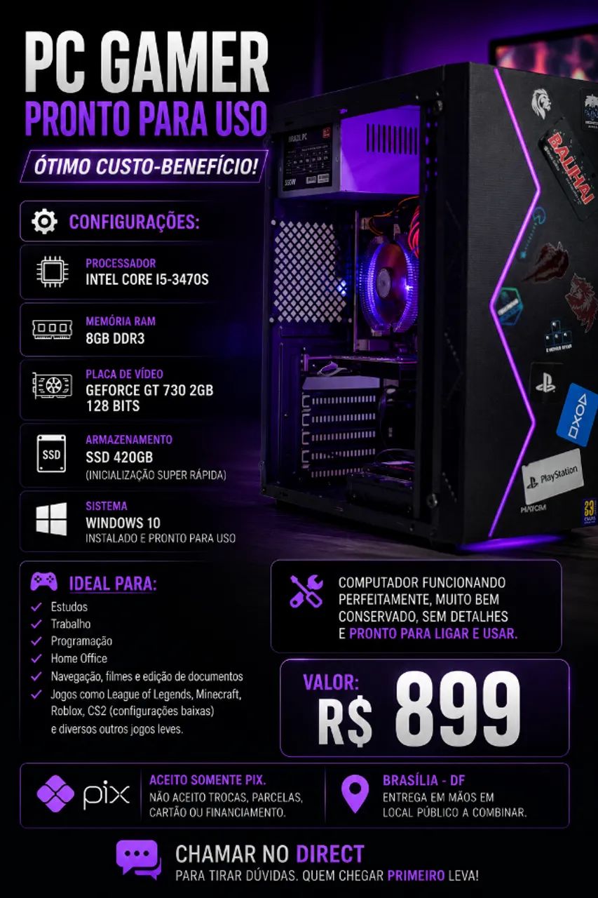 PC Gamer i5 3470S 8GB SSD 420GB GT 730 Windows 10