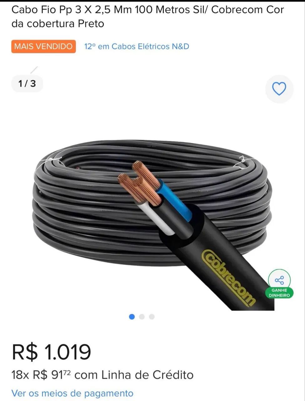 Cabo PP elétrico 2,5 3 vias 