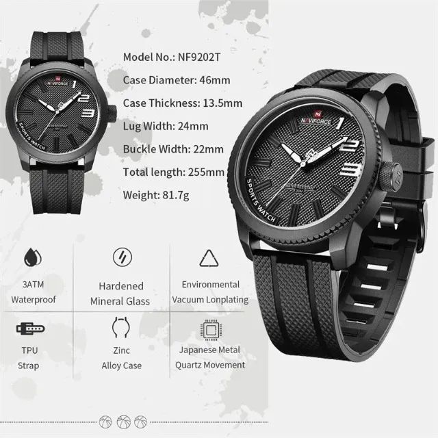 [NOVO] Relógio Naviforce NF9202T Preto Masculino - Robusto com Resistência 3Bar e Caixa 46 - Foto 4