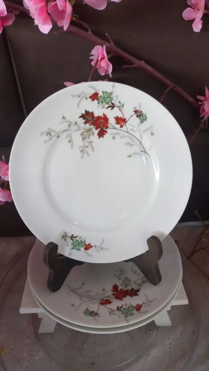 3 lindos pratos de sobremesa em porcelana com estampa floral