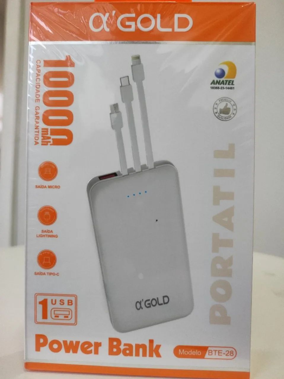Power Bank 10000mAh com Cabos Integrados