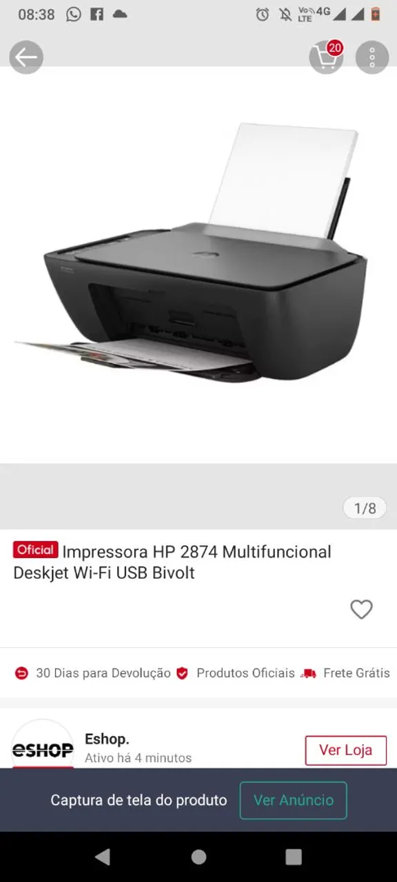 Impressora HP 2874 Multifuncional - Wi-Fi e USB