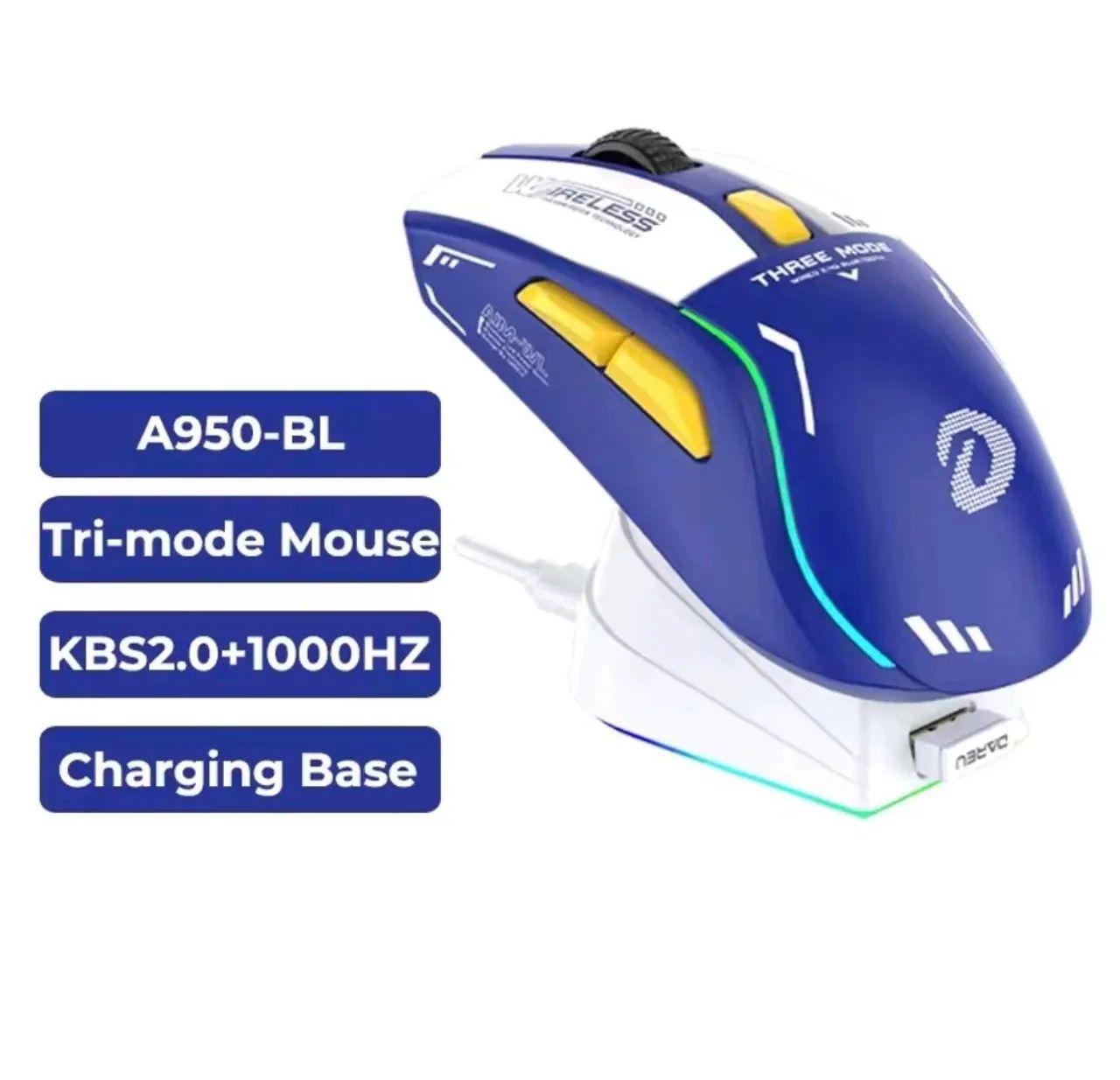 Mouse Gamer Sem Fio A950-BL Tri-mode + Base Carregamento