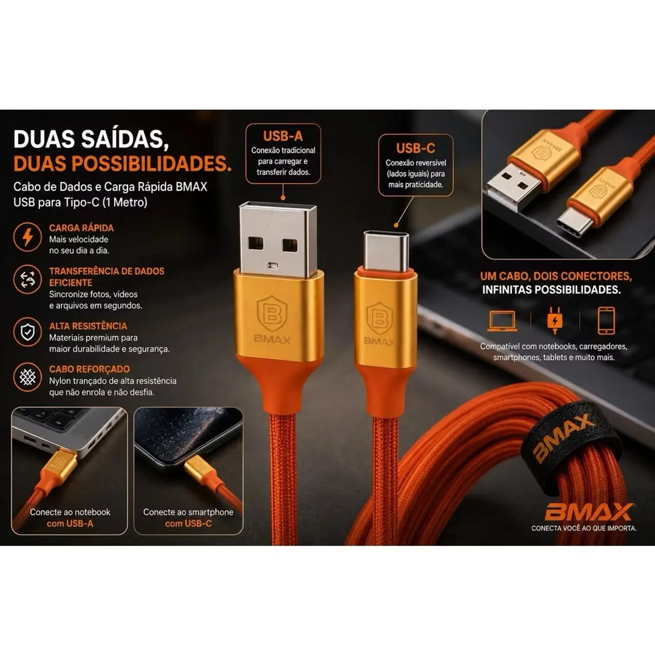 Cabo de Dados e Carga Rápida USB-A para Tipo-C BMAX (1 Metro) - Alta Resistência e Estilo - Foto 4