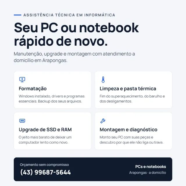 Formatação, limpeza e upgrade de PC e notebook - Arapongas - Foto 2