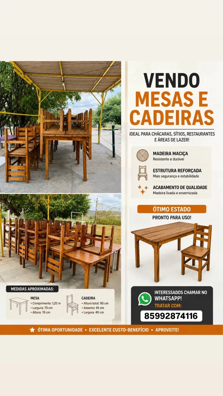 Conjunto de mesas e cadeiras de madeira reforçada 