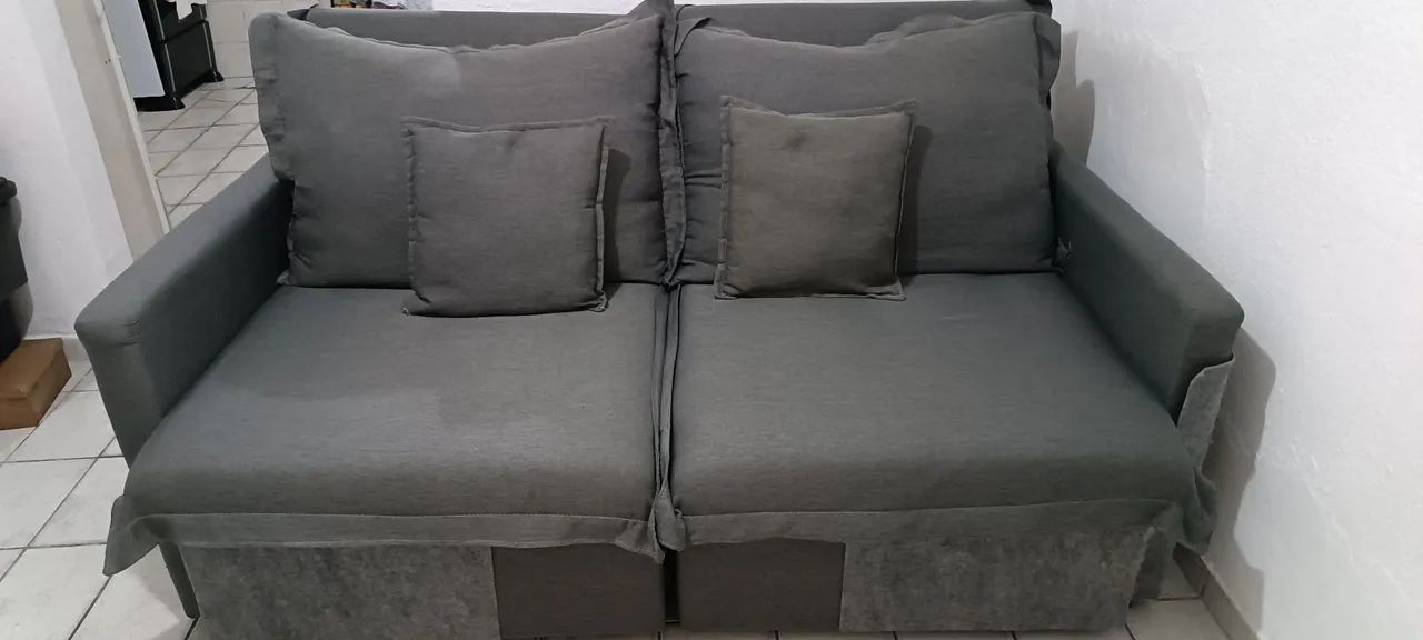 Sofá retrátil cinza tecido linho - Foto 2