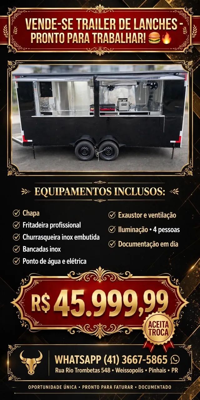Trailer Food Truck Completo, Equipado e Documentado 5m x 1,90m