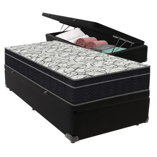 Cama Base Baú Solteiro Preta + Colchão Solteiro Premium Ortobom