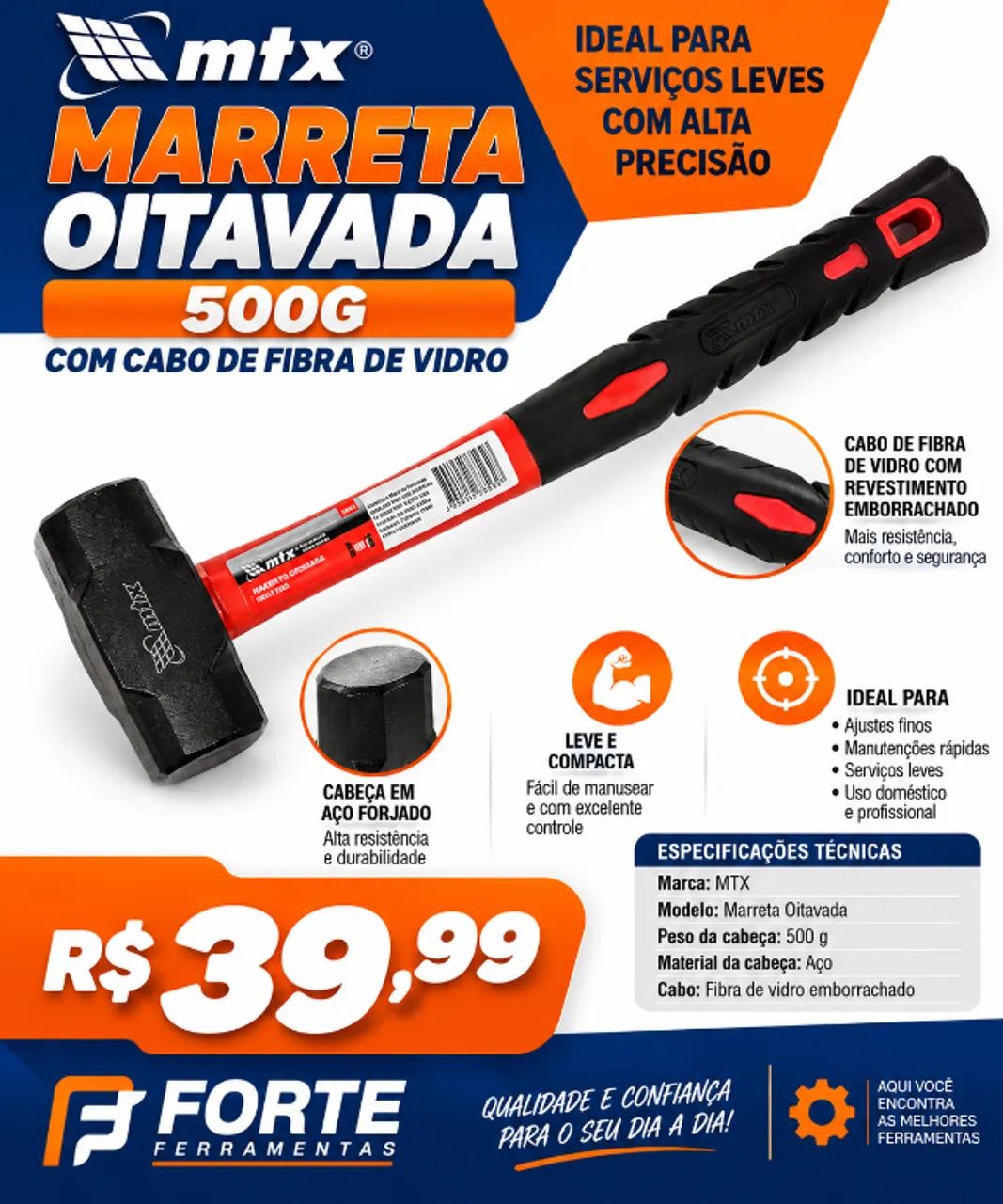 Marreta Oitava 500g Cabo Fibra MTX