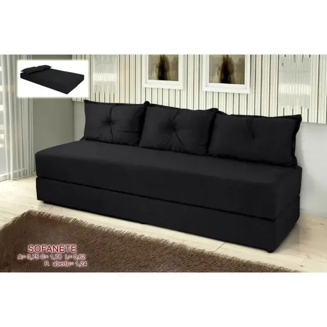 Sofá Cama Sofanete Multiuso c/ 3 Almofadas Sued Preto - Entrega Rápida! 