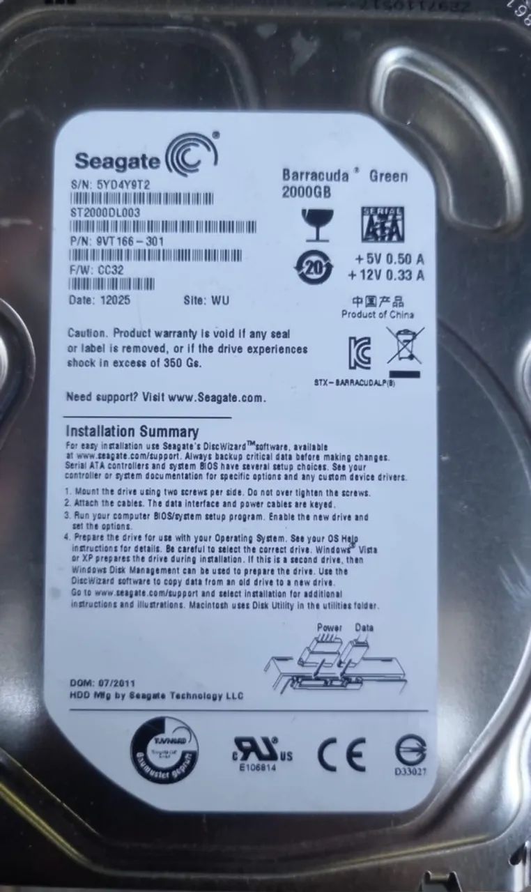 Hd seagate 2tb sata pn 9vt166-301