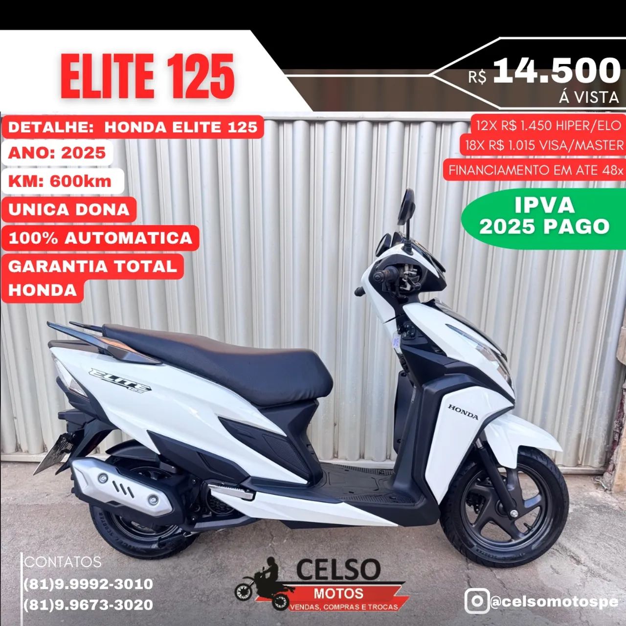 ELITE 125 2025 CBS c/600km Financio em até 48x CELSO MOTOS