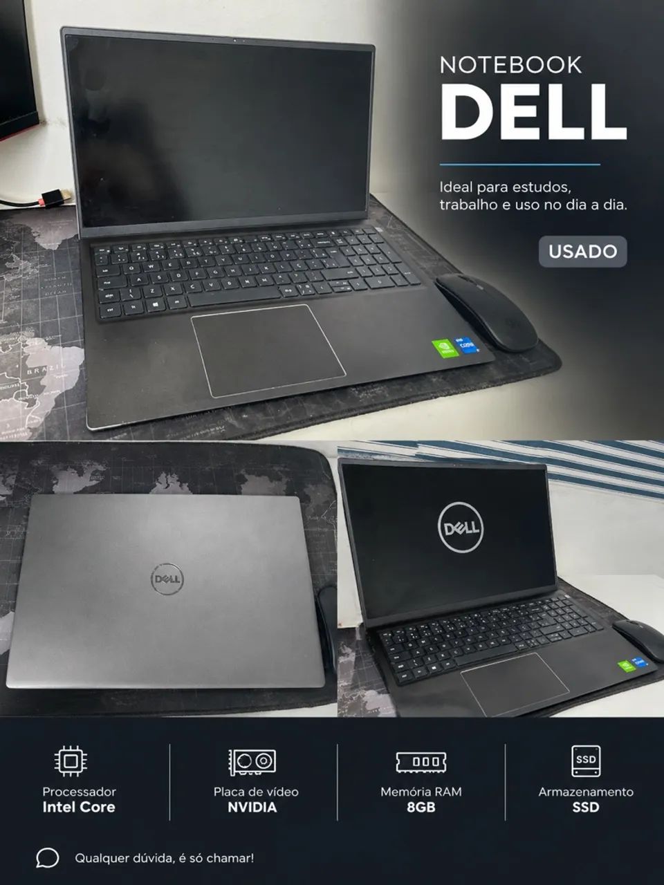 Notebook Dell Intel Core com NVIDIA, 8GB RAM e SSD