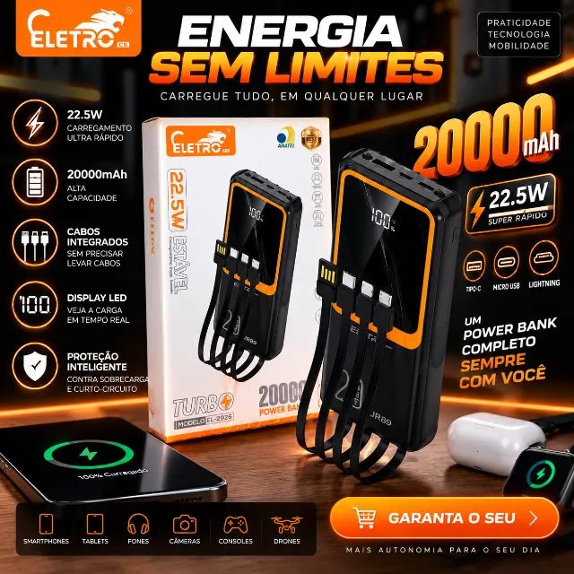 Power Bank 20000mAh 22,5W Turbo com Cabos Integrados e Display