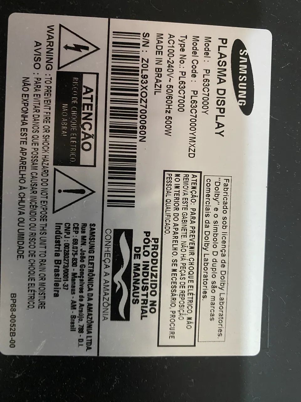 TV de Plasma Samsung 63 Polegadas Modelo PL63C7000  Com Defeito 