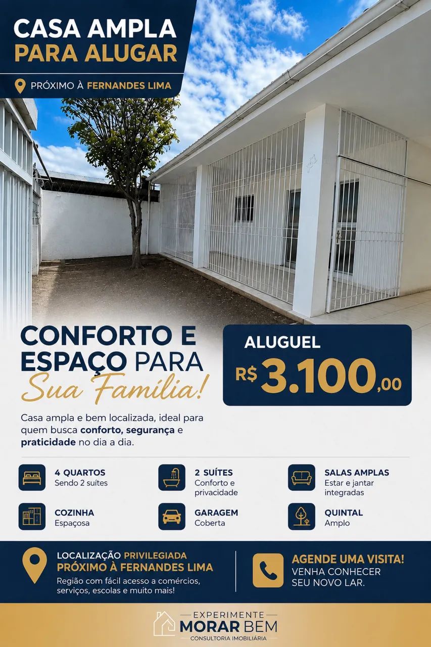 Aluguel casa Grande 4 quartos e 2 suítes perto Fernandes Lima 