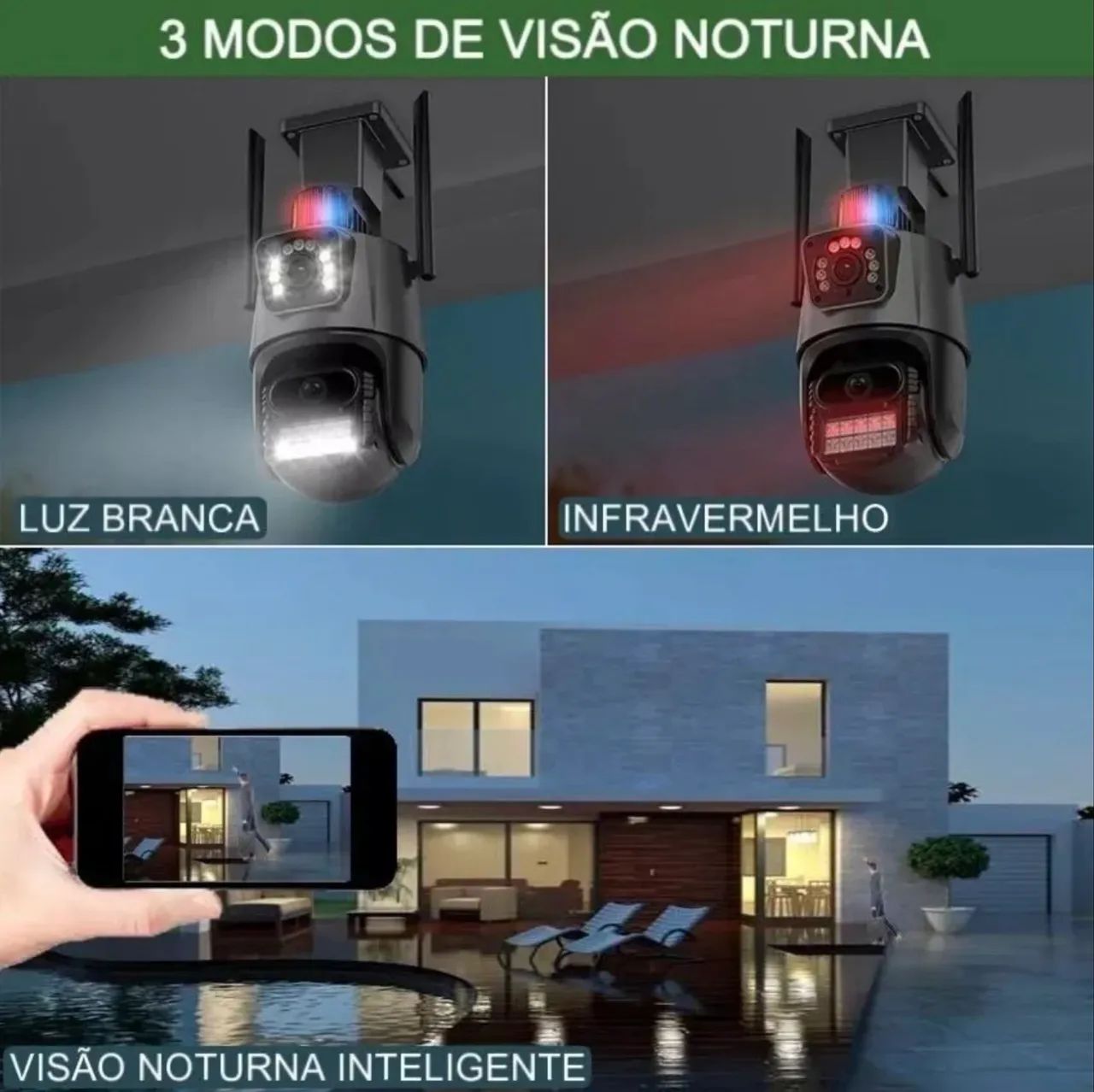 Câmera de segurança Wi-Fi lente dupla infravermelho com sensor de presença 