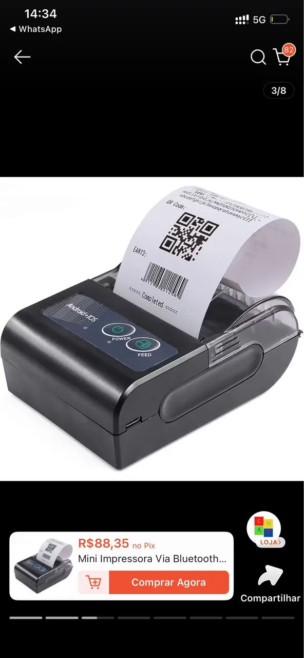 Mini impressora via Bluetooth Portátil 58mm Rápida 